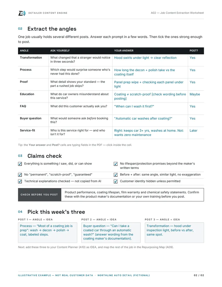 Tool A02, Job Content Extraction Worksheet, filled in for the fictional Northline example